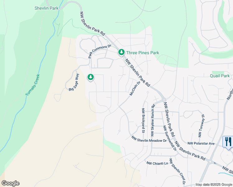 map of restaurants, bars, coffee shops, grocery stores, and more near 62635 Northwest Mount Thielsen Drive in Bend