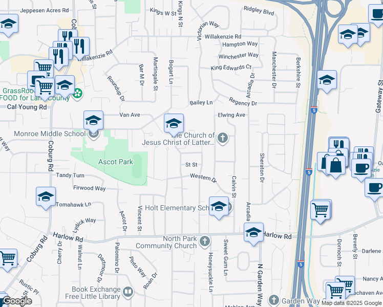 map of restaurants, bars, coffee shops, grocery stores, and more near 3492 Parish Street in Eugene