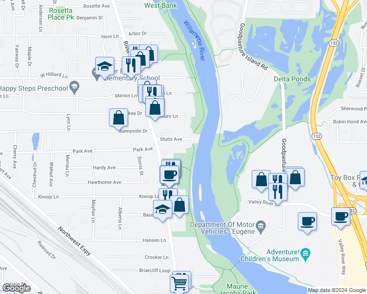 map of restaurants, bars, coffee shops, grocery stores, and more near 753 Stephens Drive in Eugene