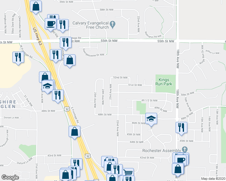 map of restaurants, bars, coffee shops, grocery stores, and more near 2211 50th Street Northwest in Rochester