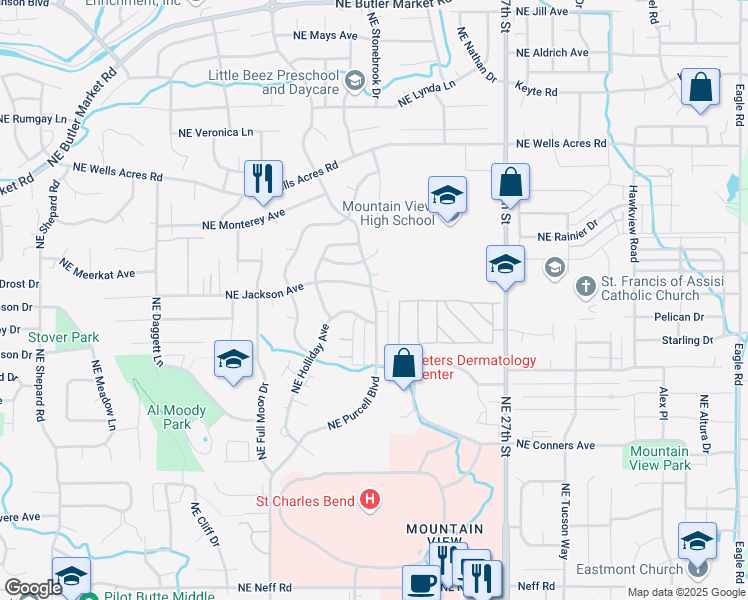 map of restaurants, bars, coffee shops, grocery stores, and more near 2586 Northeast Purcell Boulevard in Bend