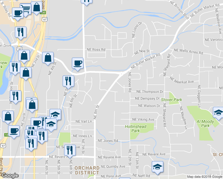 map of restaurants, bars, coffee shops, grocery stores, and more near 2464 Northeast Ravenwood Drive in Bend