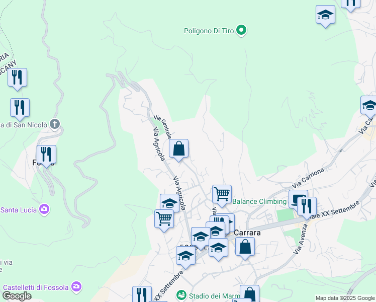 map of restaurants, bars, coffee shops, grocery stores, and more near 12 Via Montebello in Carrara