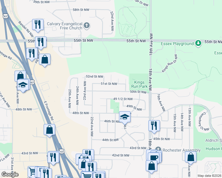 map of restaurants, bars, coffee shops, grocery stores, and more near 2025 50th Street Northwest in Rochester