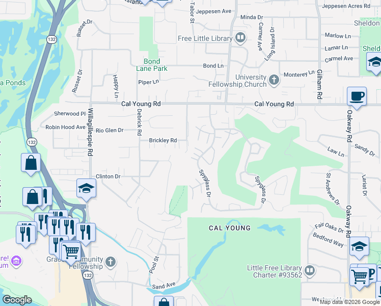 map of restaurants, bars, coffee shops, grocery stores, and more near 383 Spyglass Drive in Eugene