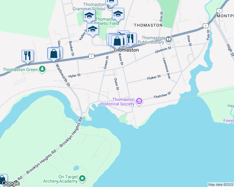 map of restaurants, bars, coffee shops, grocery stores, and more near 35 Dunn Street in Thomaston