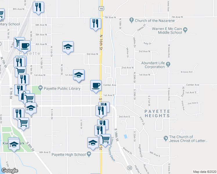 map of restaurants, bars, coffee shops, grocery stores, and more near 1648 Center Avenue in Payette