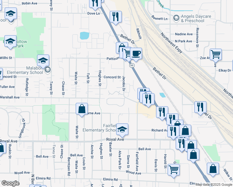 map of restaurants, bars, coffee shops, grocery stores, and more near 1220 Jacobs Drive in Eugene