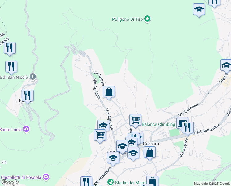 map of restaurants, bars, coffee shops, grocery stores, and more near 12 Via Montebello in Carrara
