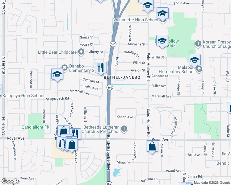 map of restaurants, bars, coffee shops, grocery stores, and more near 4570 Sean Street in Eugene