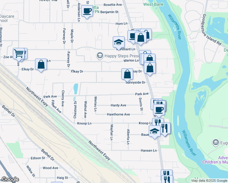 map of restaurants, bars, coffee shops, grocery stores, and more near 571 Park Avenue in Eugene