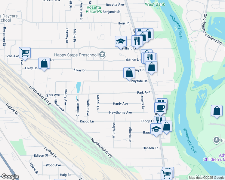map of restaurants, bars, coffee shops, grocery stores, and more near 571 Park Avenue in Eugene