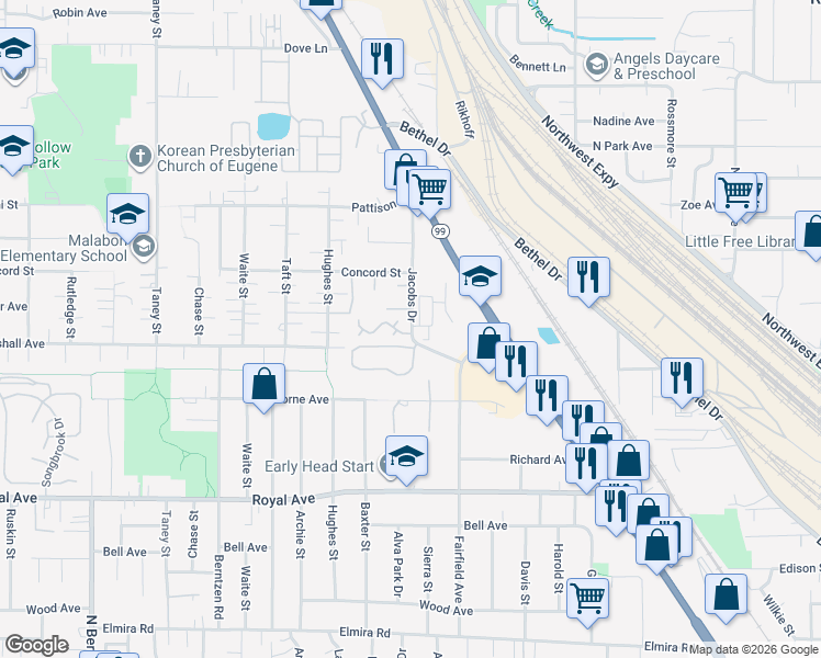 map of restaurants, bars, coffee shops, grocery stores, and more near 3410 Jacobs Lane in Eugene