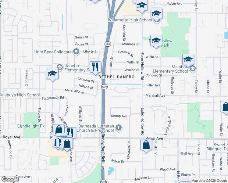 map of restaurants, bars, coffee shops, grocery stores, and more near 1185 Elizabeth Street in Eugene