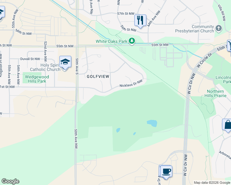 map of restaurants, bars, coffee shops, grocery stores, and more near 5102 Nicklaus Drive Northwest in Rochester