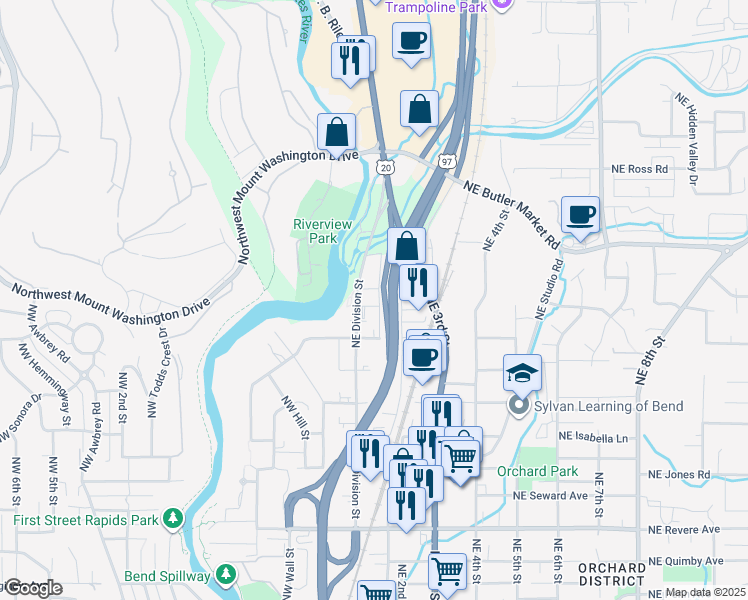 map of restaurants, bars, coffee shops, grocery stores, and more near 2455 Northeast Tweet Place in Bend