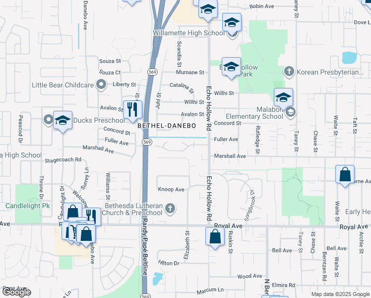 map of restaurants, bars, coffee shops, grocery stores, and more near 4390 Sean Street in Eugene