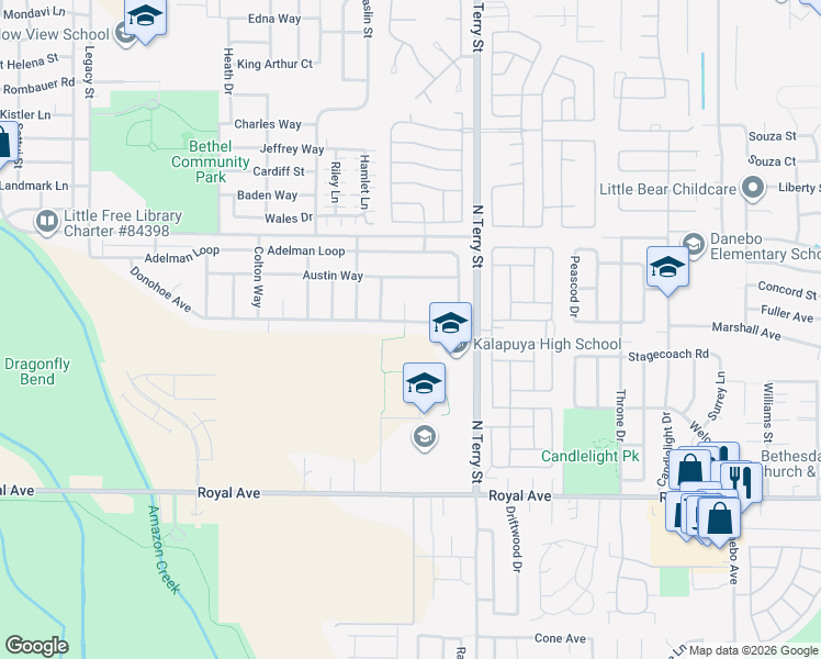 map of restaurants, bars, coffee shops, grocery stores, and more near 5370 Donohoe Avenue in Eugene