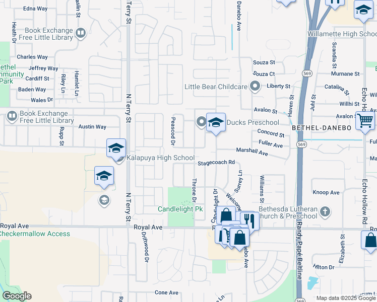 map of restaurants, bars, coffee shops, grocery stores, and more near 4936 Chancellor Lane in Eugene