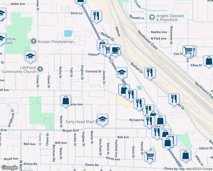 map of restaurants, bars, coffee shops, grocery stores, and more near 3410 Jacobs Lane in Eugene