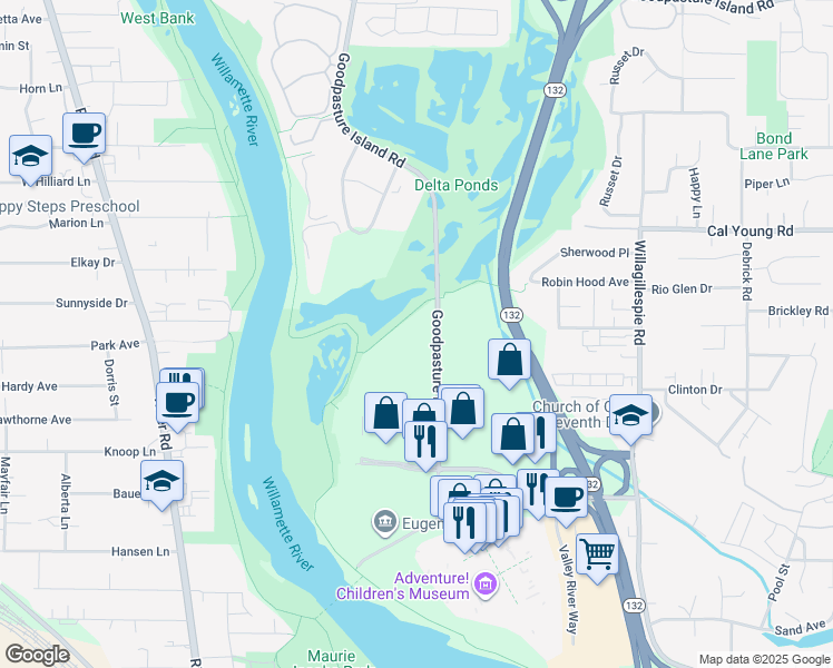 map of restaurants, bars, coffee shops, grocery stores, and more near 383 Goodpasture Island Road in Eugene