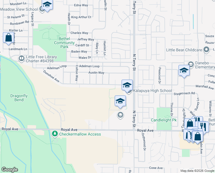 map of restaurants, bars, coffee shops, grocery stores, and more near 5410 Donohoe Avenue in Eugene