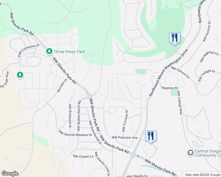 map of restaurants, bars, coffee shops, grocery stores, and more near 2736 Northwest Rainbow Court in Bend