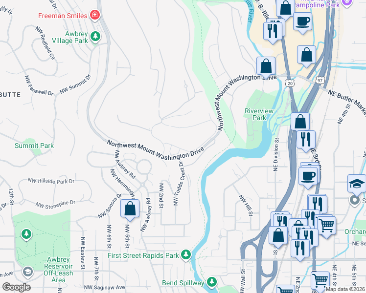 map of restaurants, bars, coffee shops, grocery stores, and more near 2496 Northwest Majestic Ridge Drive in Bend