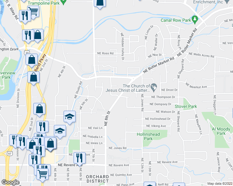 map of restaurants, bars, coffee shops, grocery stores, and more near 2510 Northeast Ravenwood Drive in Bend