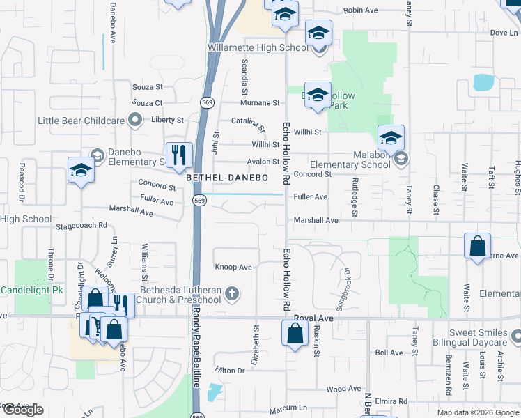 map of restaurants, bars, coffee shops, grocery stores, and more near 4350 Sean Street in Eugene