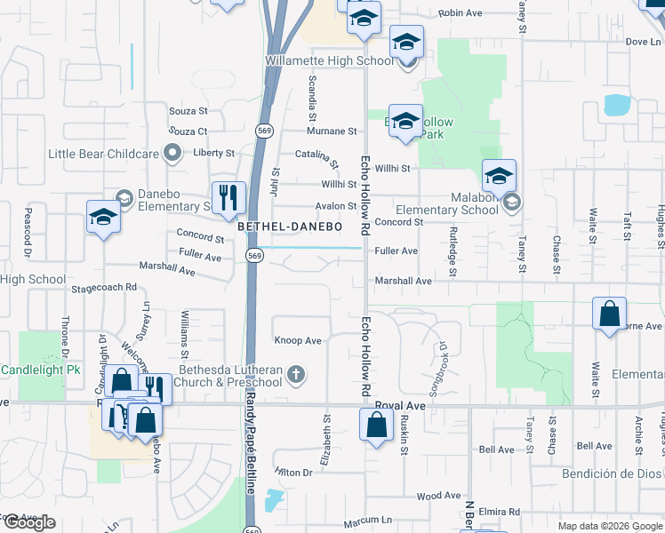 map of restaurants, bars, coffee shops, grocery stores, and more near 4360 Sean Street in Eugene