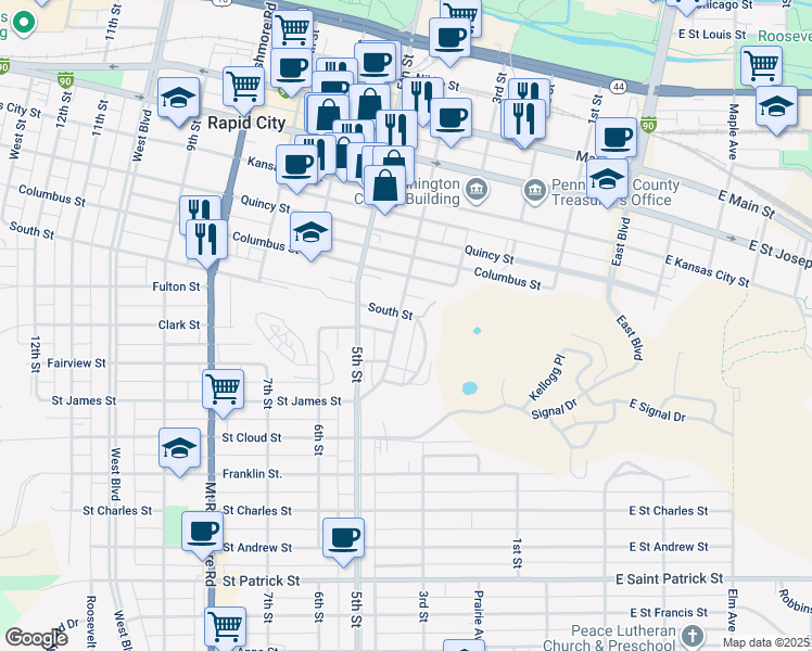 map of restaurants, bars, coffee shops, grocery stores, and more near 999 Silverleaf Avenue in Rapid City