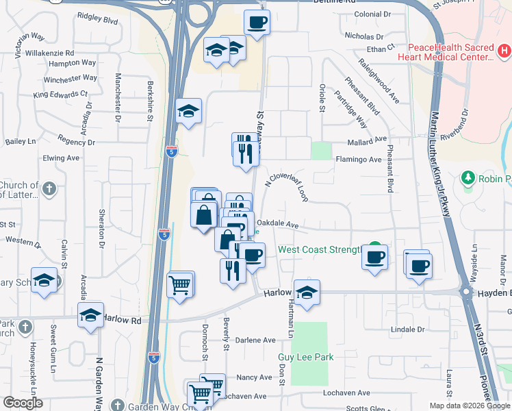 map of restaurants, bars, coffee shops, grocery stores, and more near 990 North Cloverleaf Loop in Springfield