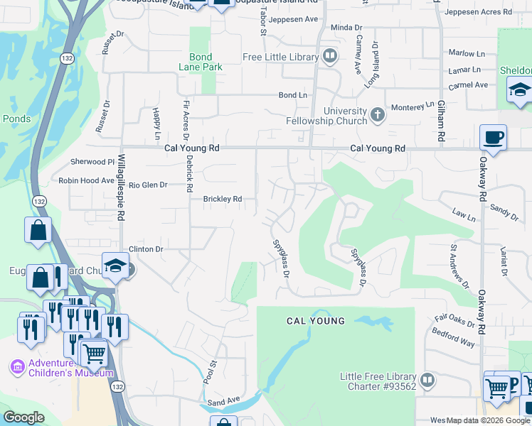 map of restaurants, bars, coffee shops, grocery stores, and more near 383 Spyglass Drive in Eugene