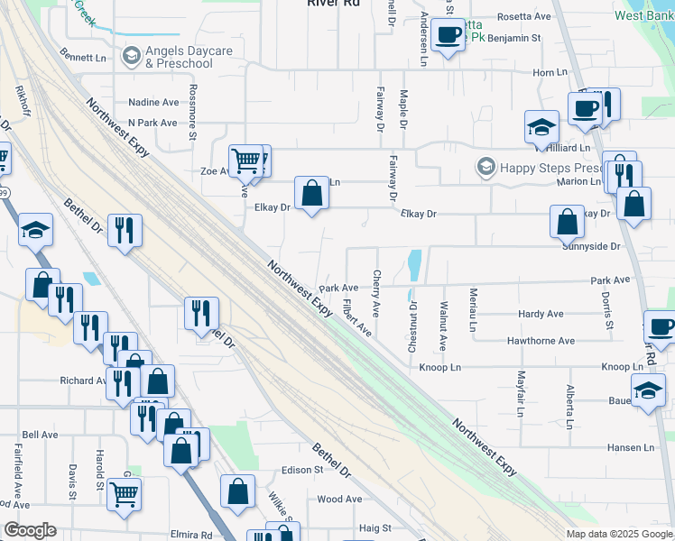 map of restaurants, bars, coffee shops, grocery stores, and more near 1421 Park Avenue in Eugene