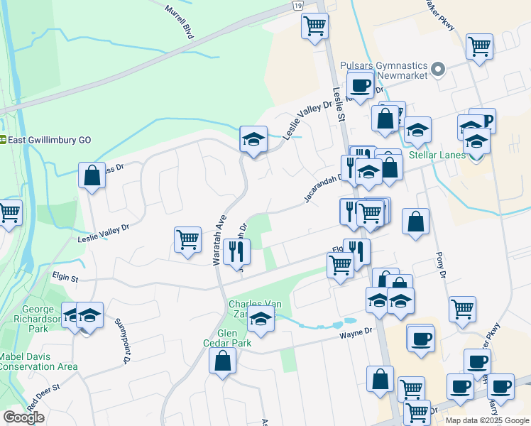 map of restaurants, bars, coffee shops, grocery stores, and more near 952 Jacarandah Drive in Newmarket
