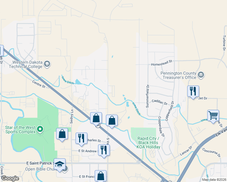 map of restaurants, bars, coffee shops, grocery stores, and more near 1500 North Valley Drive in Rapid City