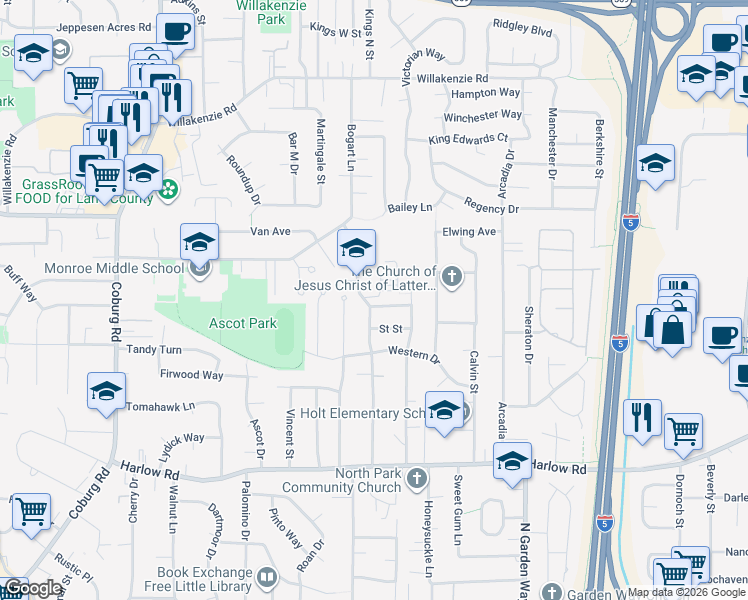 map of restaurants, bars, coffee shops, grocery stores, and more near 3401 Parish Street in Eugene