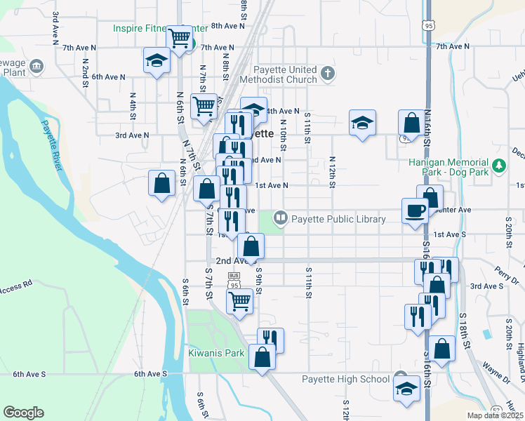 map of restaurants, bars, coffee shops, grocery stores, and more near 915 Center Avenue in Payette