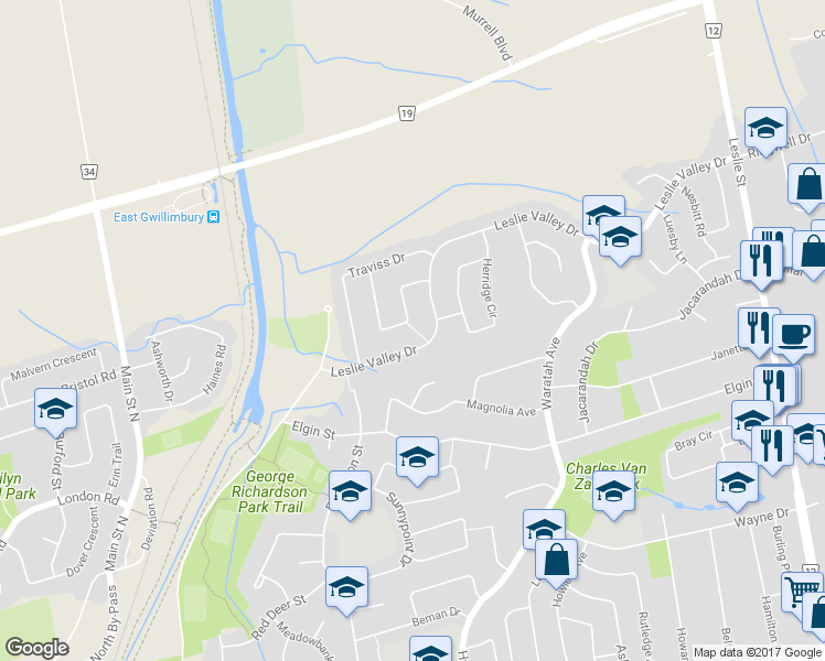 map of restaurants, bars, coffee shops, grocery stores, and more near 376 Kelly Crescent in Newmarket
