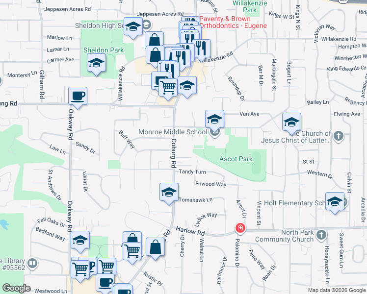 map of restaurants, bars, coffee shops, grocery stores, and more near 1121 Coburg Road in Eugene