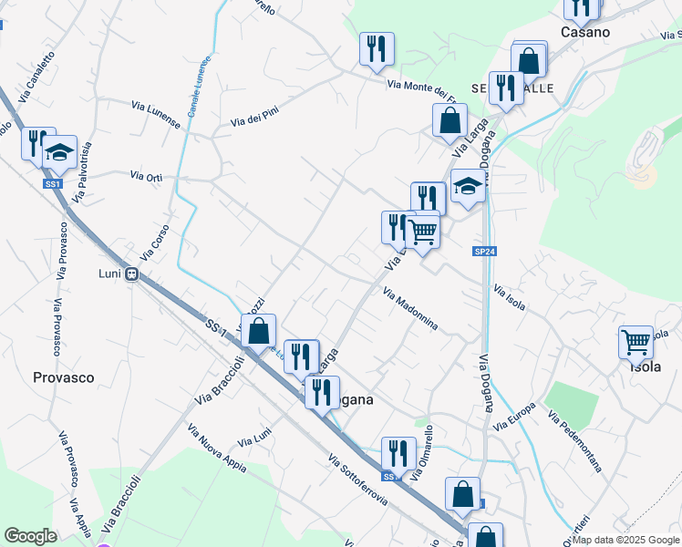 map of restaurants, bars, coffee shops, grocery stores, and more near 65 Via Madonnina in Casano