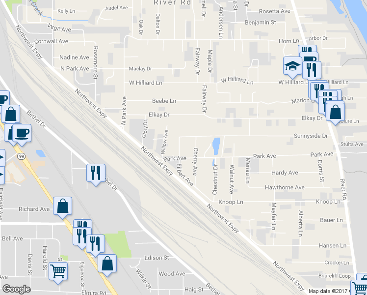 map of restaurants, bars, coffee shops, grocery stores, and more near 825 Filbert Avenue in Eugene