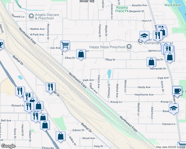 map of restaurants, bars, coffee shops, grocery stores, and more near 1205 Park Avenue in Eugene