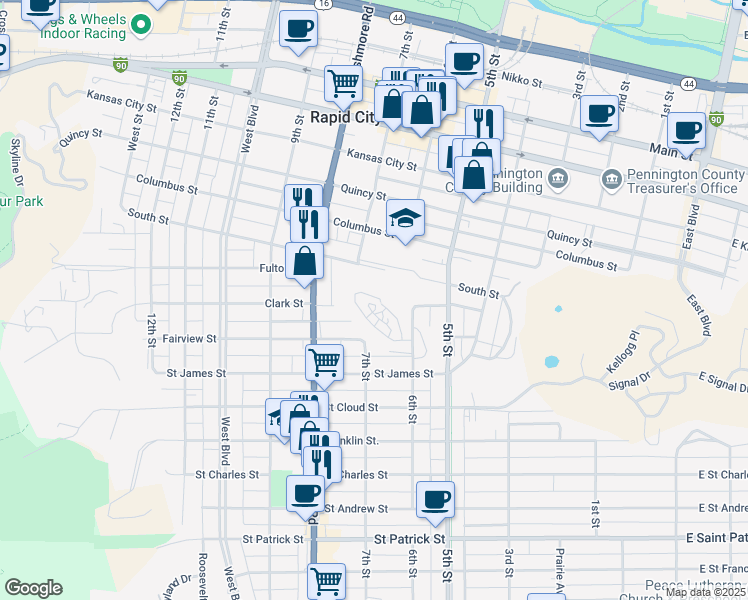 map of restaurants, bars, coffee shops, grocery stores, and more near 72 Hillcrest Dr in Rapid City