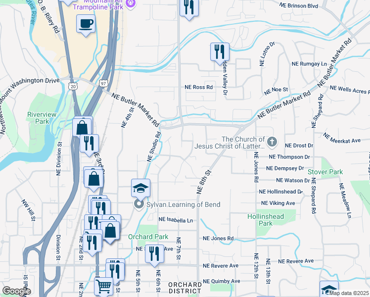 map of restaurants, bars, coffee shops, grocery stores, and more near 2490 Northeast Keats Drive in Bend