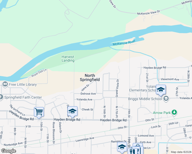 map of restaurants, bars, coffee shops, grocery stores, and more near 1519 Vera Drive in Springfield