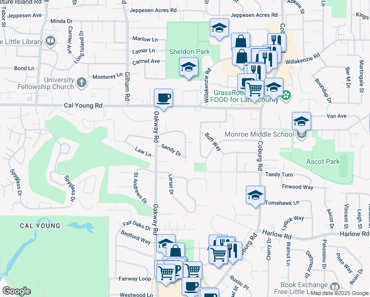 map of restaurants, bars, coffee shops, grocery stores, and more near 2226 Sandy Drive in Eugene