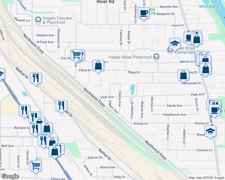 map of restaurants, bars, coffee shops, grocery stores, and more near 1205 Park Avenue in Eugene