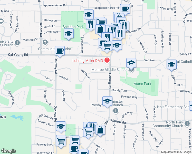 map of restaurants, bars, coffee shops, grocery stores, and more near 2583 Forrester Way in Eugene
